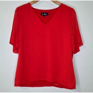 Sam Edelman Sheer Top‎ Sz L Red Accordion Pleat Sleeve Minimalist Blouse Career
